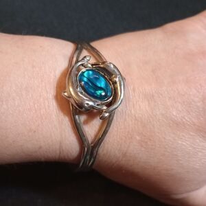 Stainless steel silver dolphin cuff bracelet